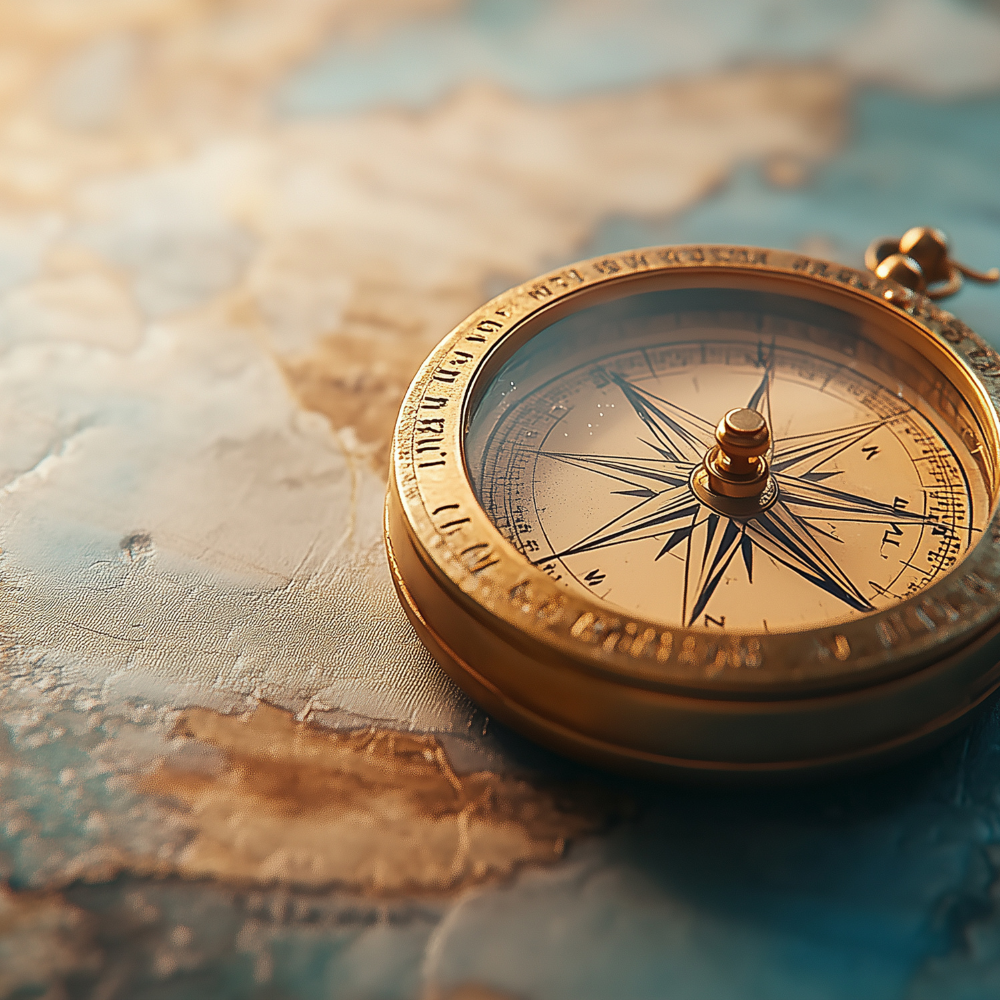 古い地図の上に置かれた金色のコンパスのクローズアップ