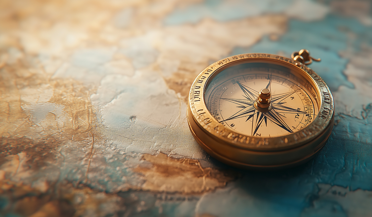 古い地図の上に置かれた金色のコンパスのクローズアップ