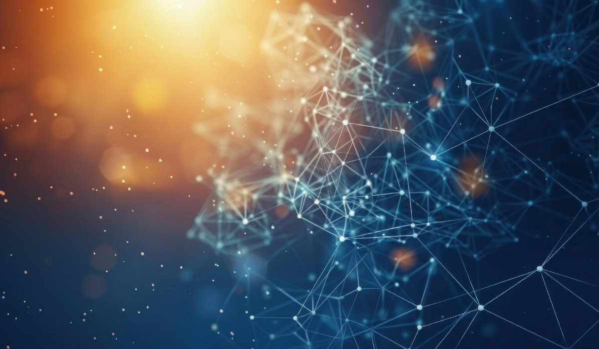 光の粒子と線が広がる抽象的なデジタルネットワーク背景
